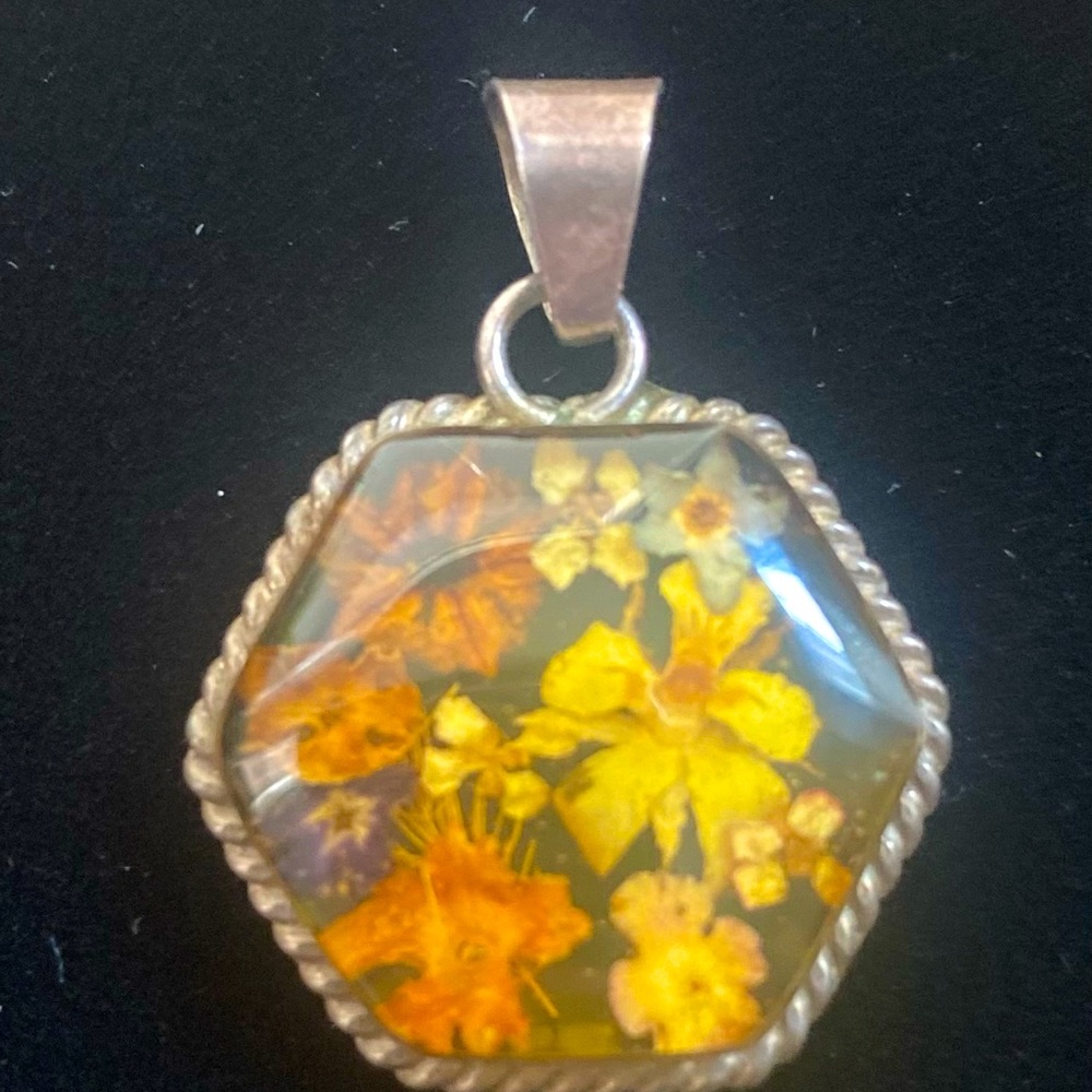 Vintage REAL dried flowers silver pendant vintage Fall jewelry necklace charm